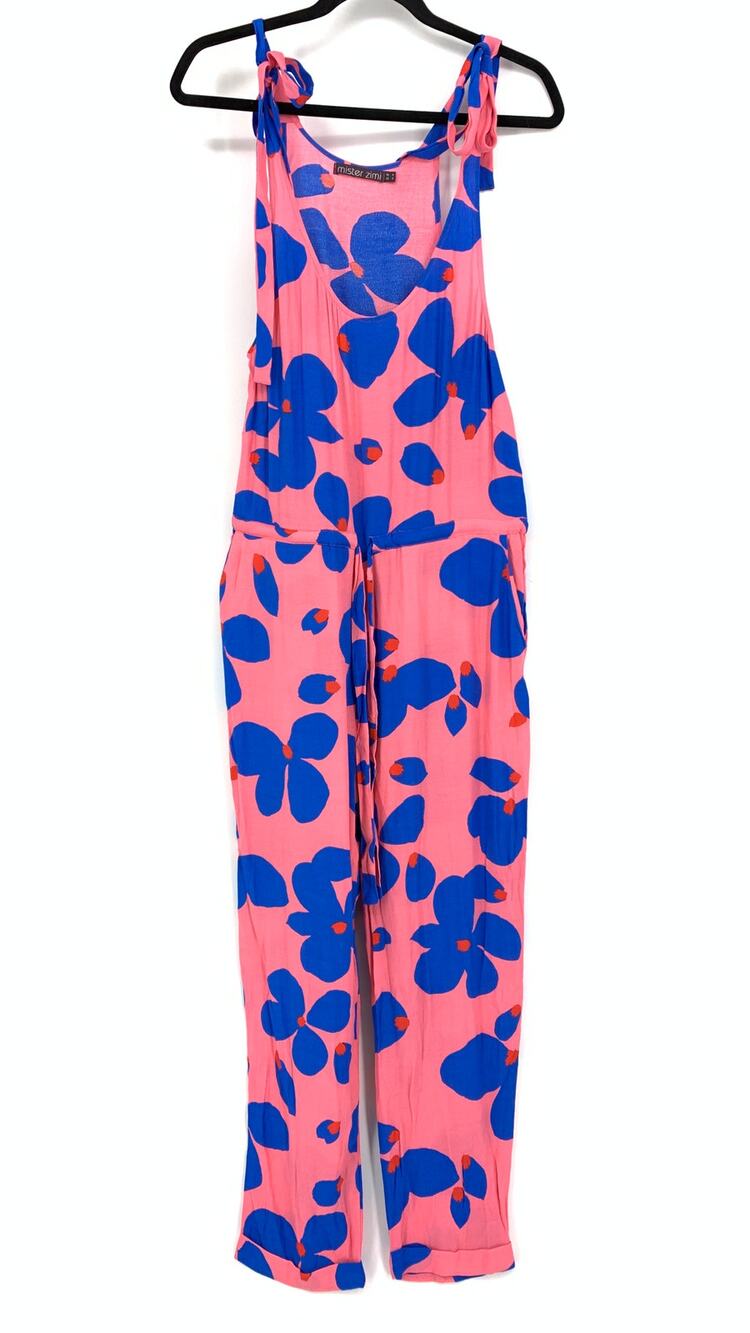 Mister Zimi Jumpsuit Women's Size 2 Pink Blue Tropical Floral Print Tie Straps